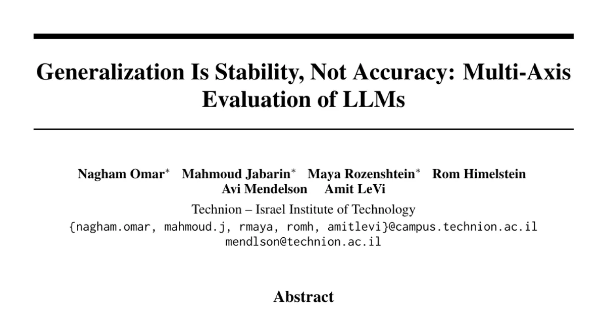Generalization Is Stability, Not Accuracy: Multi-Axis Evaluation of LLMs