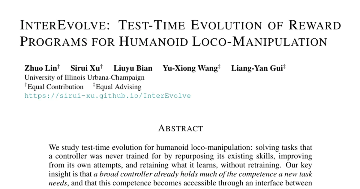 InterEvolve: Test-Time Evolution of Reward Programs for Humanoid Loco-Manipulation