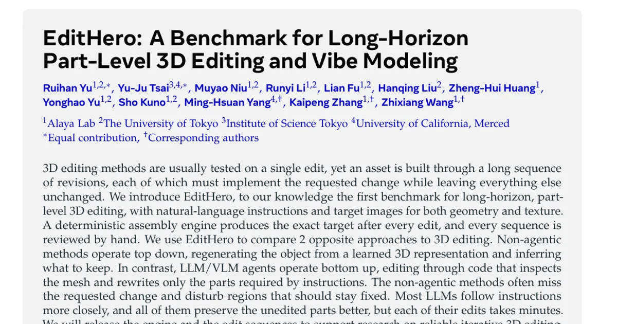 EditHero: A Benchmark for Long-Horizon Part-Level 3D Editing and Vibe Modeling
