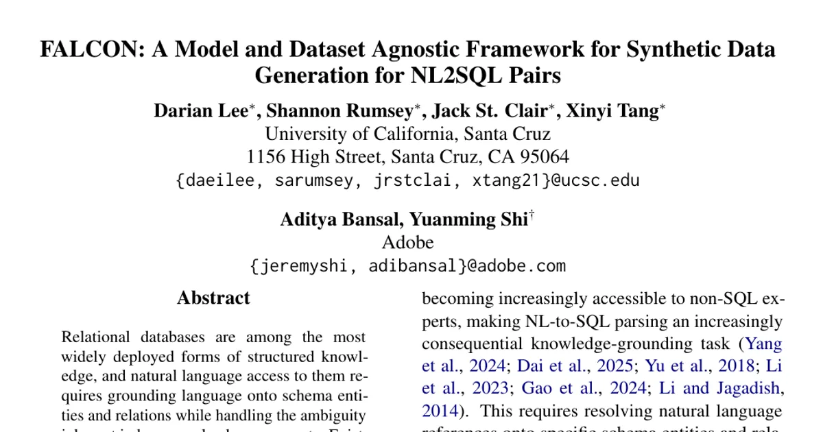 FALCON: A Model and Dataset Agnostic Framework for Synthetic Data Generation for NL2SQL Pairs