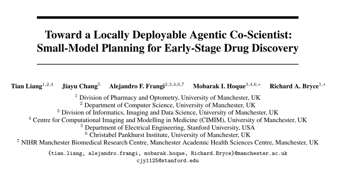 Toward a Locally Deployable Agentic Co-Scientist: Small-Model Planning for Early-Stage Drug Discovery