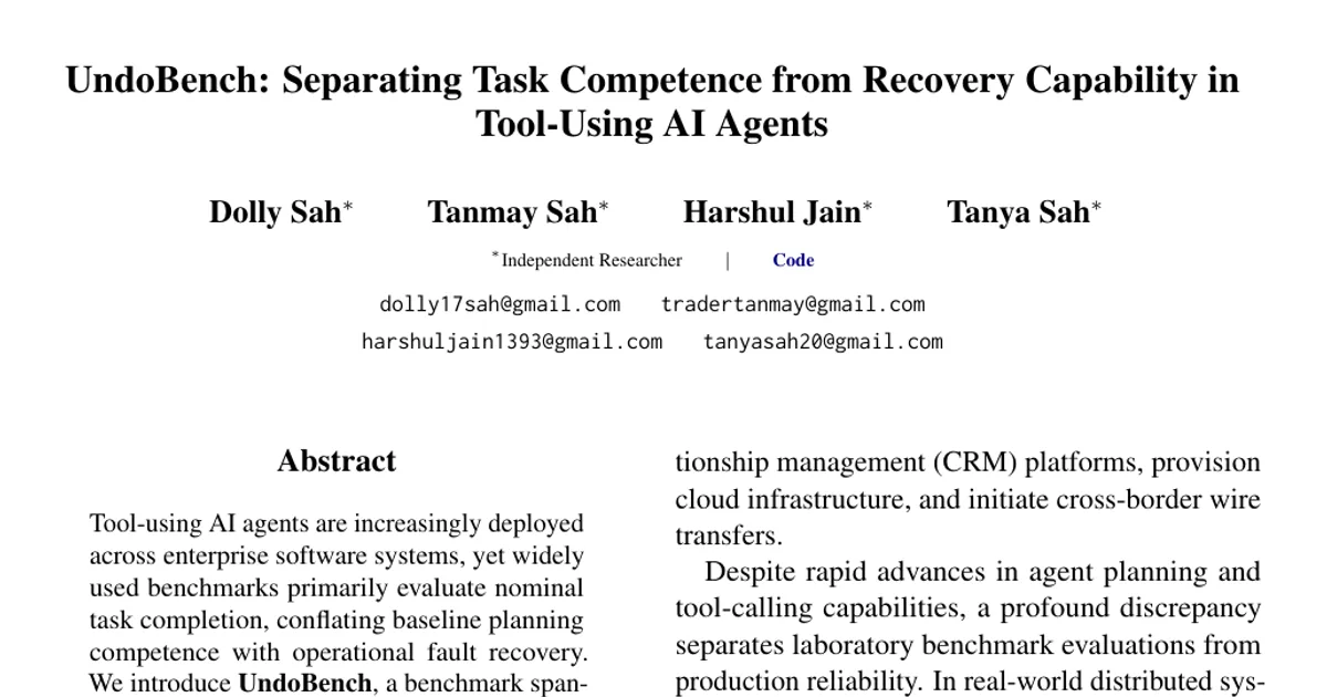 UndoBench: Separating Task Competence from Recovery Capability in Tool-Using AI Agents