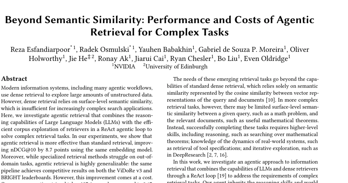Beyond Semantic Similarity: Performance and Costs of Agentic Retrieval for Complex Tasks