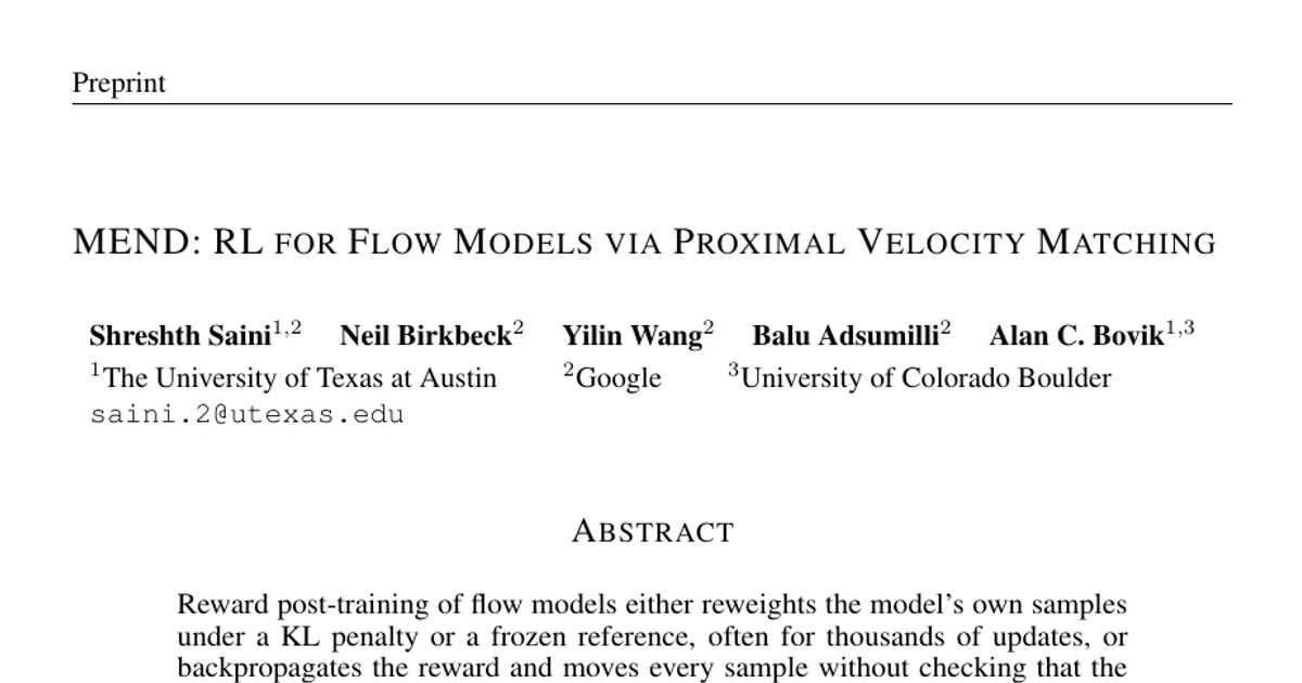 MEND: RL For Flow Models via Proximal Velocity Matching