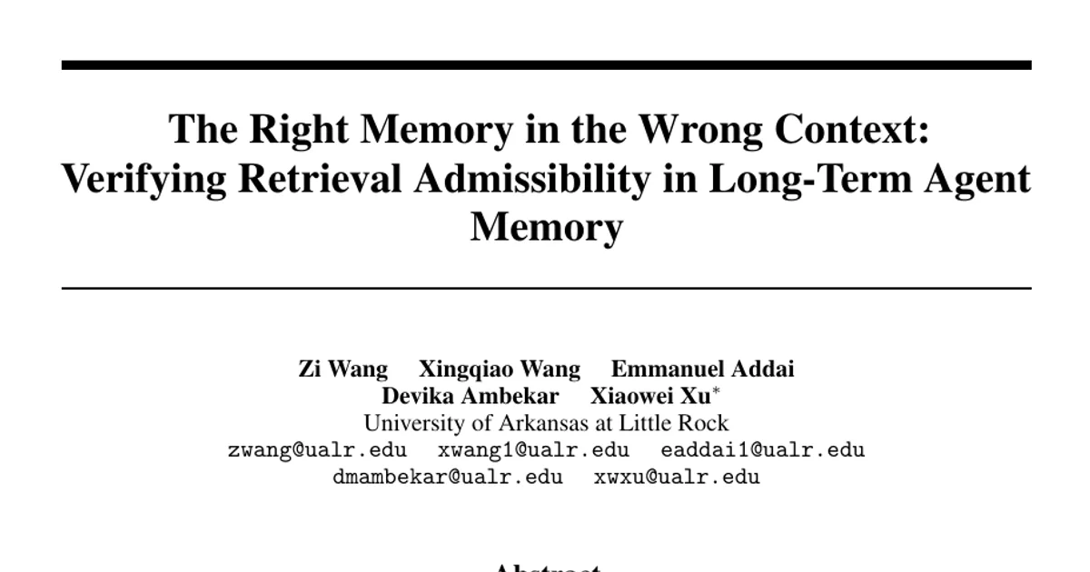 The Right Memory in the Wrong Context: Verifying Retrieval Admissibility in Long-Term Agent Memory