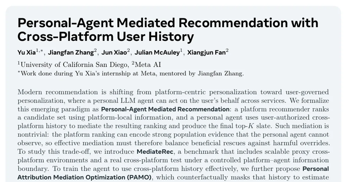 Personal-Agent Mediated Recommendation with Cross-Platform User History