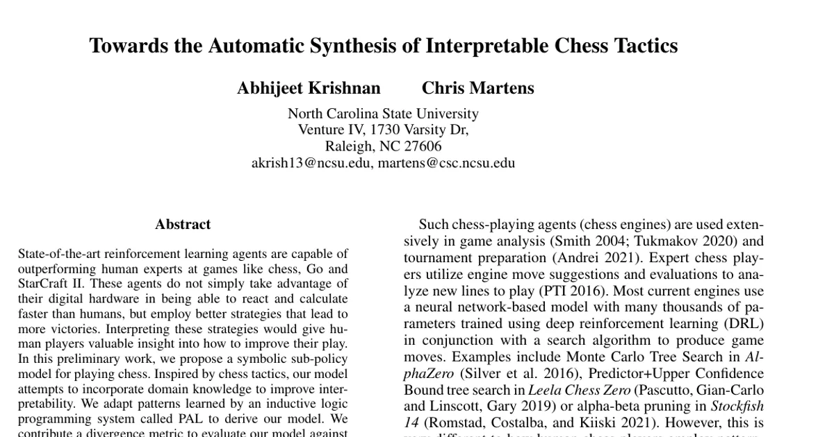 Towards the Automatic Synthesis of Interpretable Chess Tactics