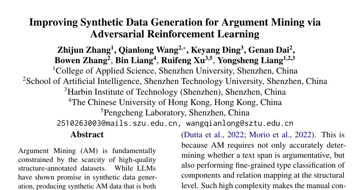 Improving Synthetic Data Generation for Argument Mining via Adversarial Reinforcement Learning