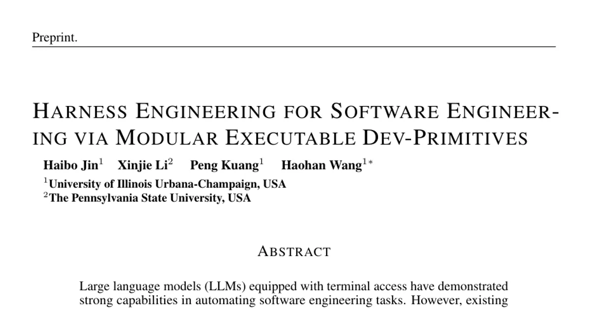 Harness Engineering for Software Engineering via Modular Executable Dev-Primitives