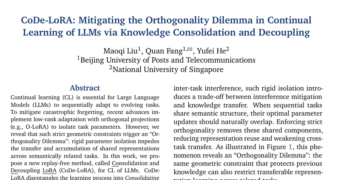 CoDe-LoRA: Mitigating the Orthogonality Dilemma in Continual Learning of LLMs via Knowledge Consolidation and Decoupling