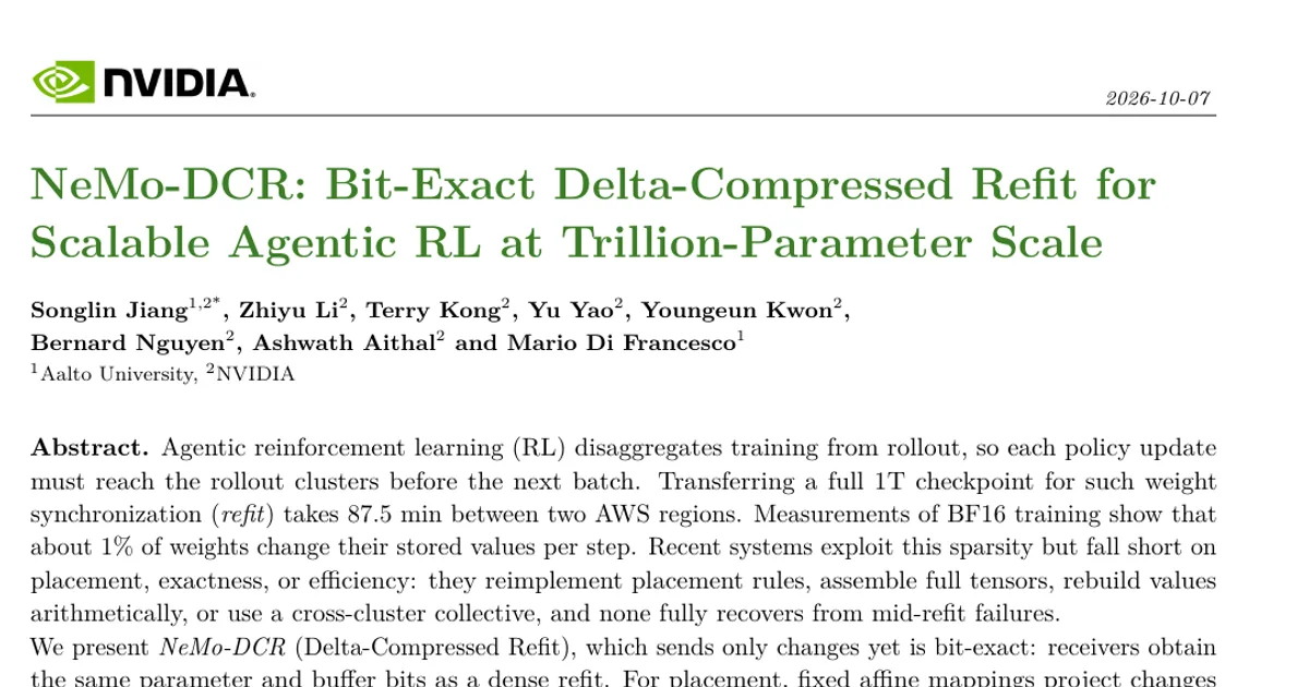 NeMo-DCR: Bit-Exact Delta-Compressed Refit for Scalable Agentic RL at Trillion-Parameter Scale