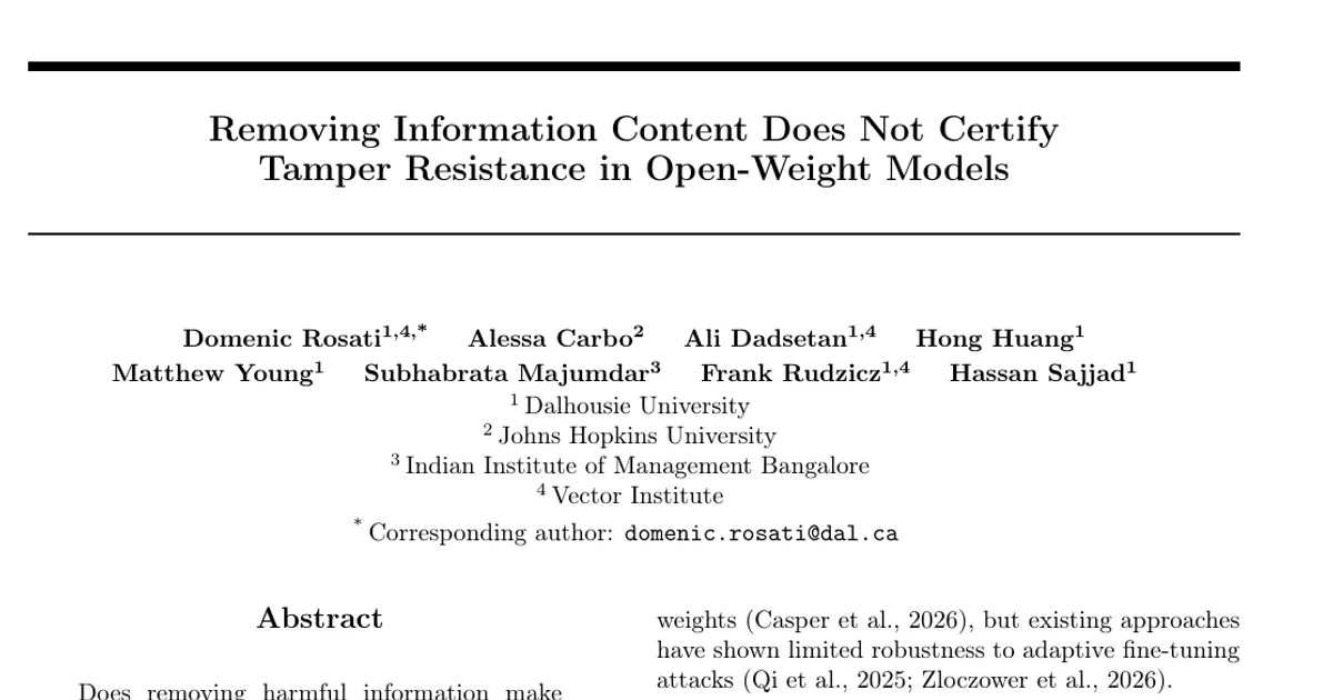 Removing Information Content Does Not Certify Tamper Resistance in Open-Weight Models