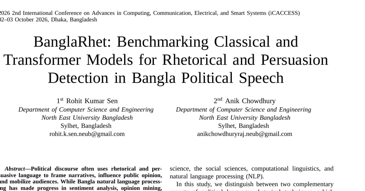 BanglaRhet: Benchmarking Classical and Transformer Models for Rhetorical and Persuasion Detection in Bangla Political Speech