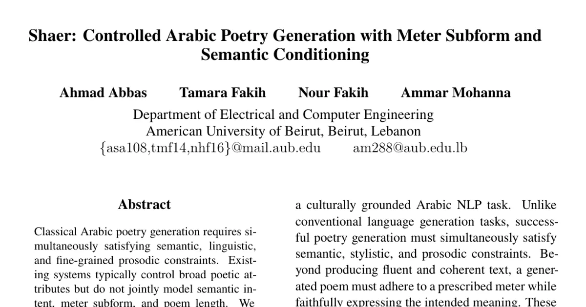Shaer: Controlled Arabic Poetry Generation with Meter Subform and Semantic Conditioning