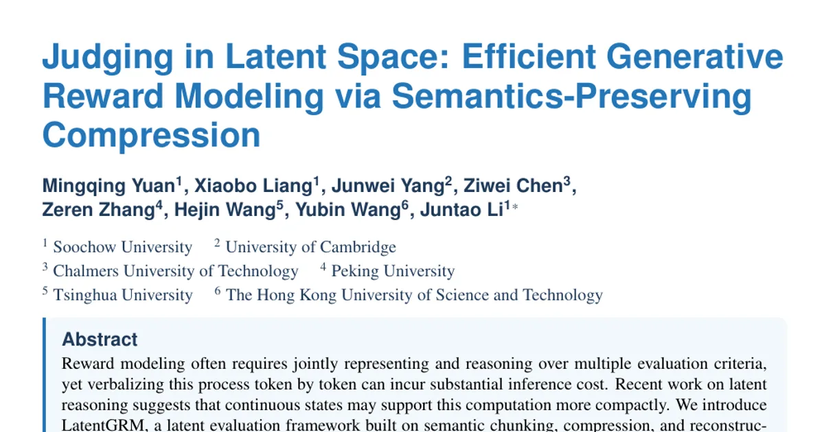 Judging in Latent Space: Efficient Generative Reward Modeling via Semantics-Preserving Compression