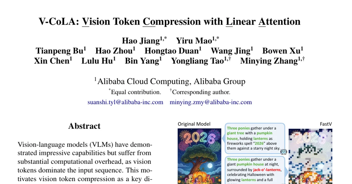 V-CoLA: Vision Token Compression with Linear Attention