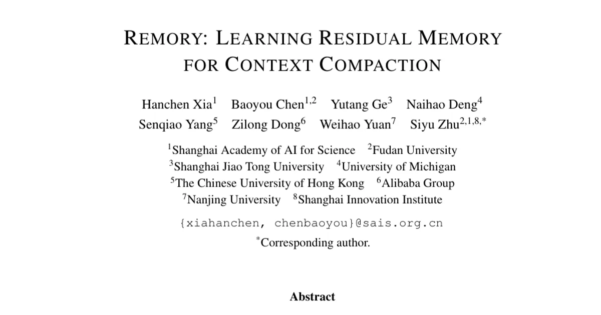 REMORY: Learning Residual Memory for Context Compaction