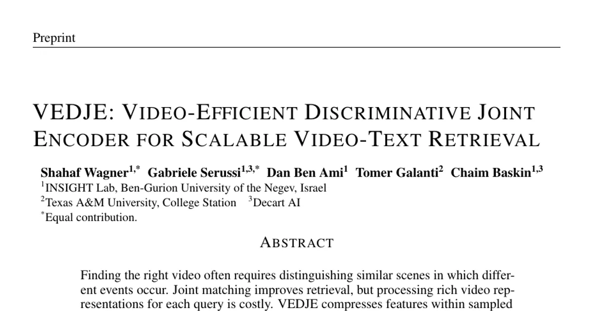 VEDJE: Video-Efficient Discriminative Joint Encoder for Scalable Video-Text Retrieval