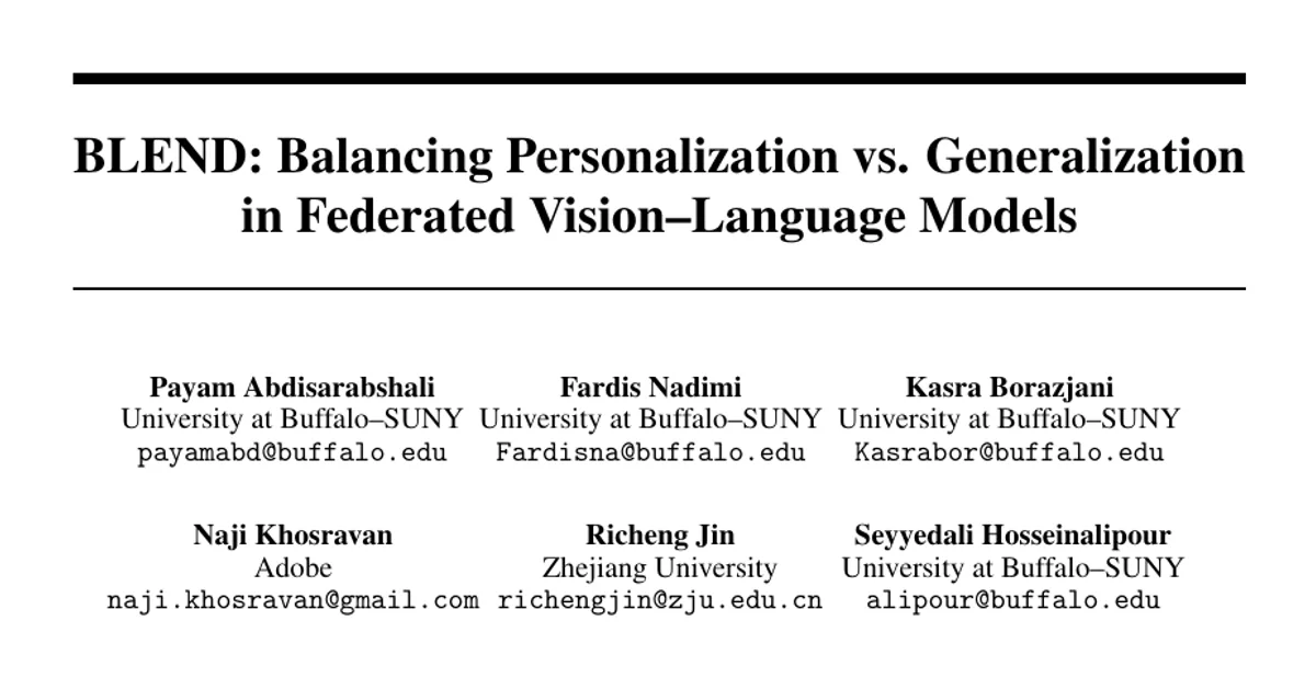 BLEND: Balancing Personalization vs. Generalization in Federated Vision-Language Models