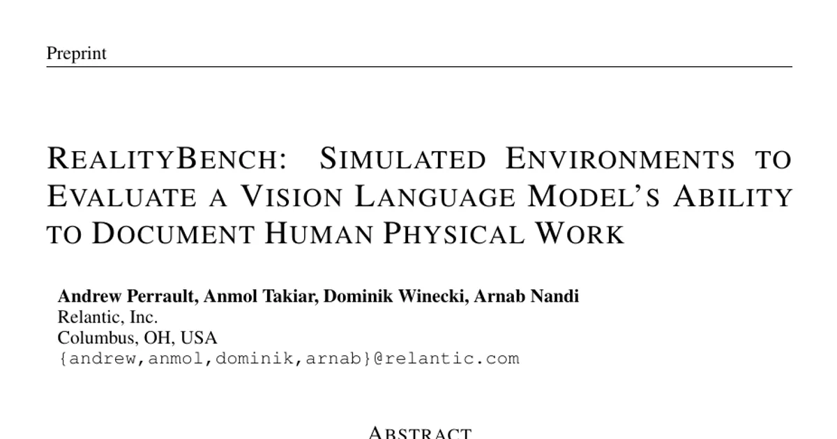 RealityBench: Simulated Environments to Evaluate a Vision Language Model's Ability to Document Human Physical Work