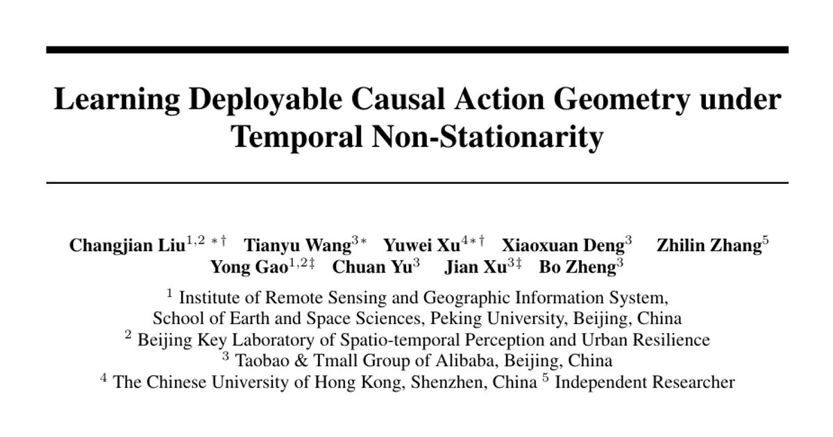 Learning Deployable Causal Action Geometry under Temporal Non-Stationarity