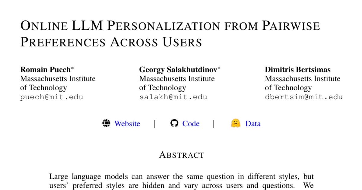 Online LLM Personalization from Pairwise Preferences Across Users