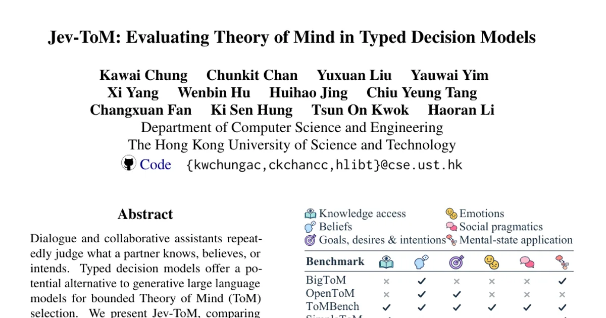 Jev-ToM: Evaluating Theory of Mind in Typed Decision Models