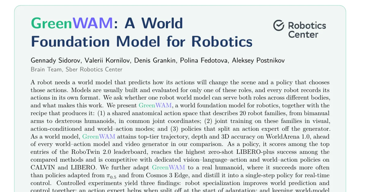 GreenWAM: A World Foundation Model for Robotics