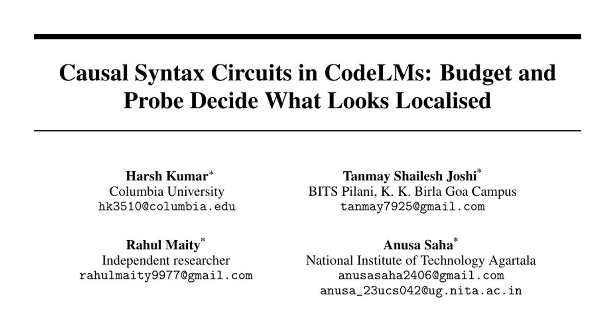 Causal Syntax Circuits in CodeLMs: Budget and Probe Decide What Looks Localised