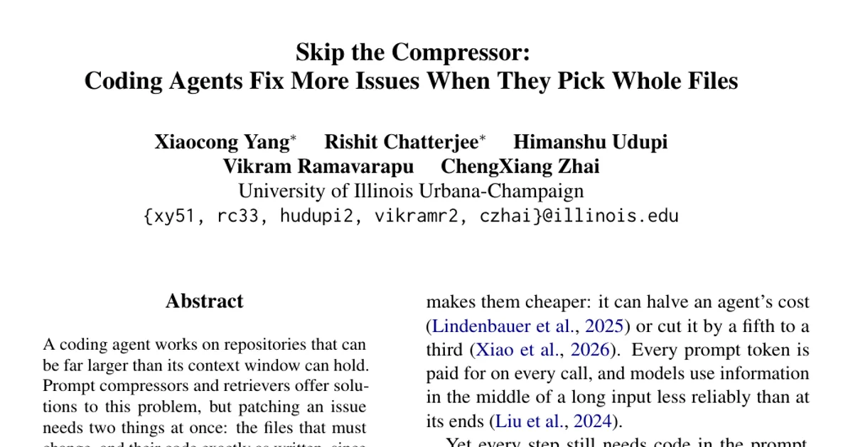 Skip the Compressor: Coding Agents Fix More Issues When They Pick Whole Files
