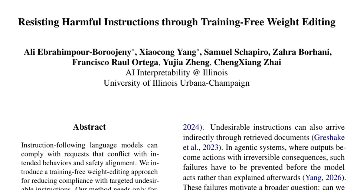 Resisting Harmful Instructions through Training-Free Weight Editing