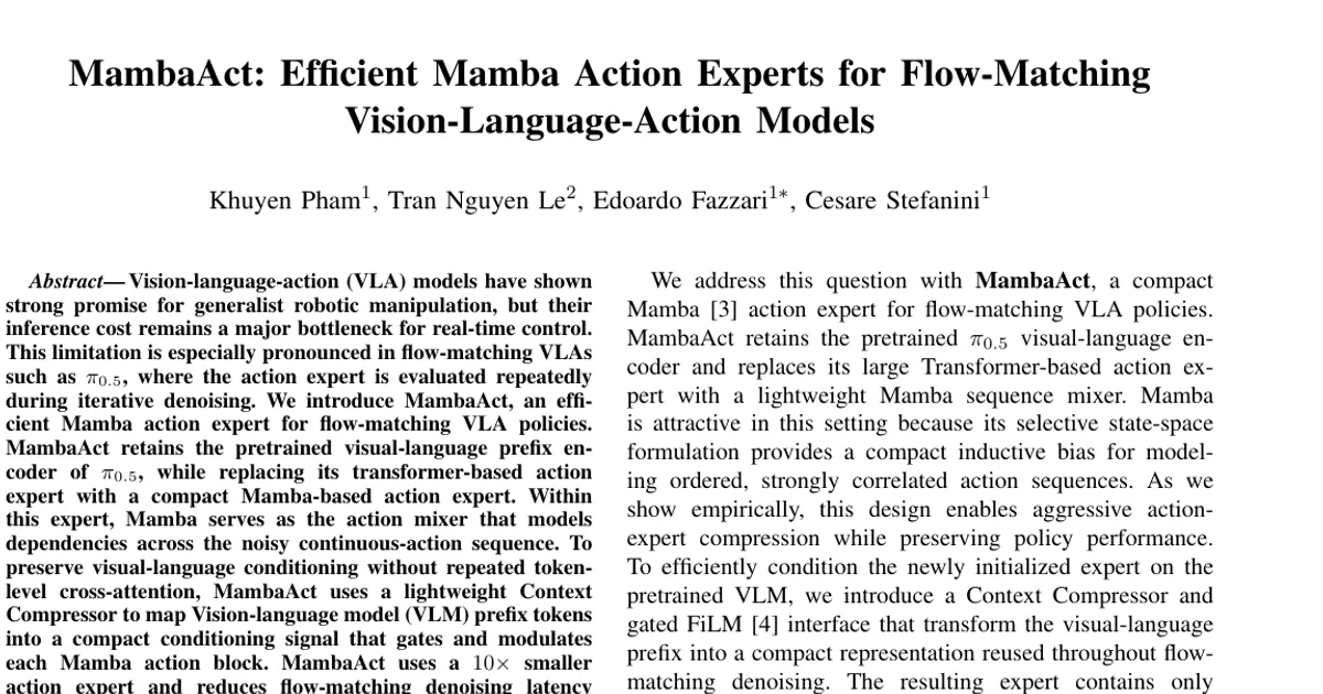 MambaAct: Efficient Mamba Action Experts for Flow-Matching Vision-Language-Action Models