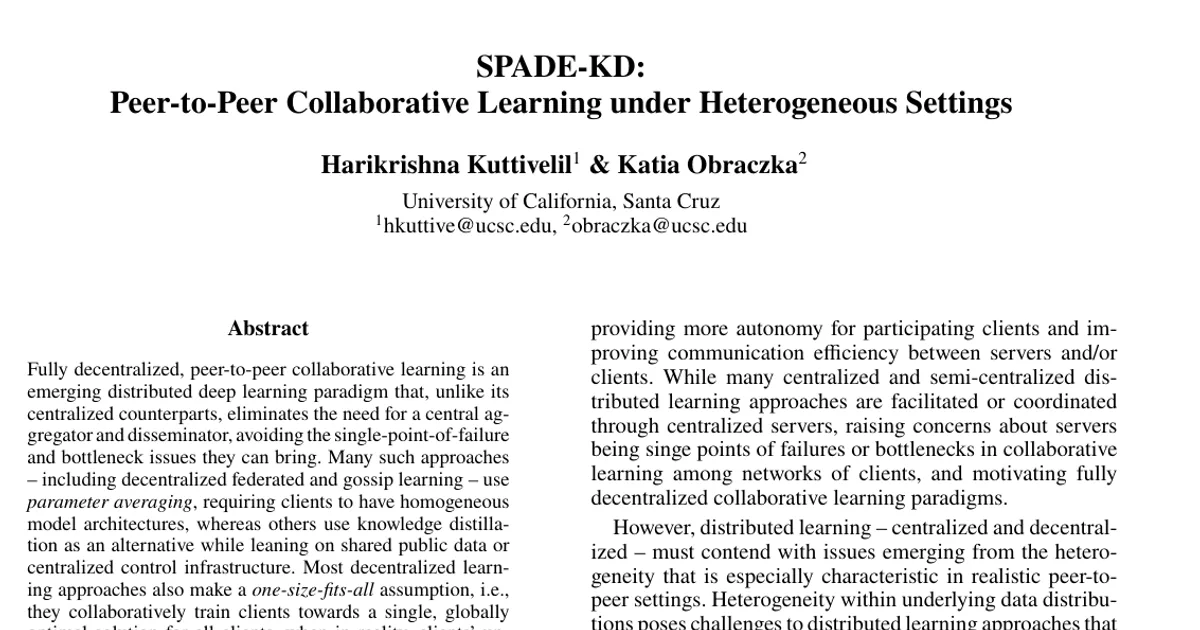 SPADE-KD: Peer-to-Peer Collaborative Learning under Heterogeneous Settings