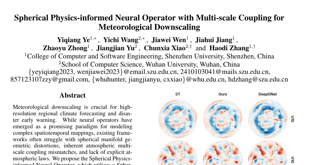 Spherical Physics-informed Neural Operator with Multi-scale Coupling for Meteorological Downscaling