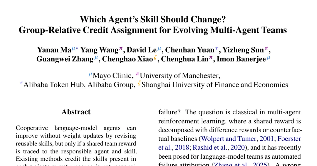 Which Agent's Skill Should Change? Group-Relative Credit Assignment for Evolving Multi-Agent Teams