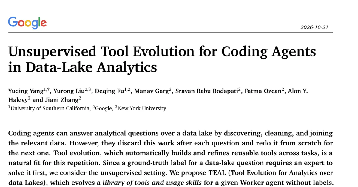 Unsupervised Tool Evolution for Coding Agents in Data-Lake Analytics