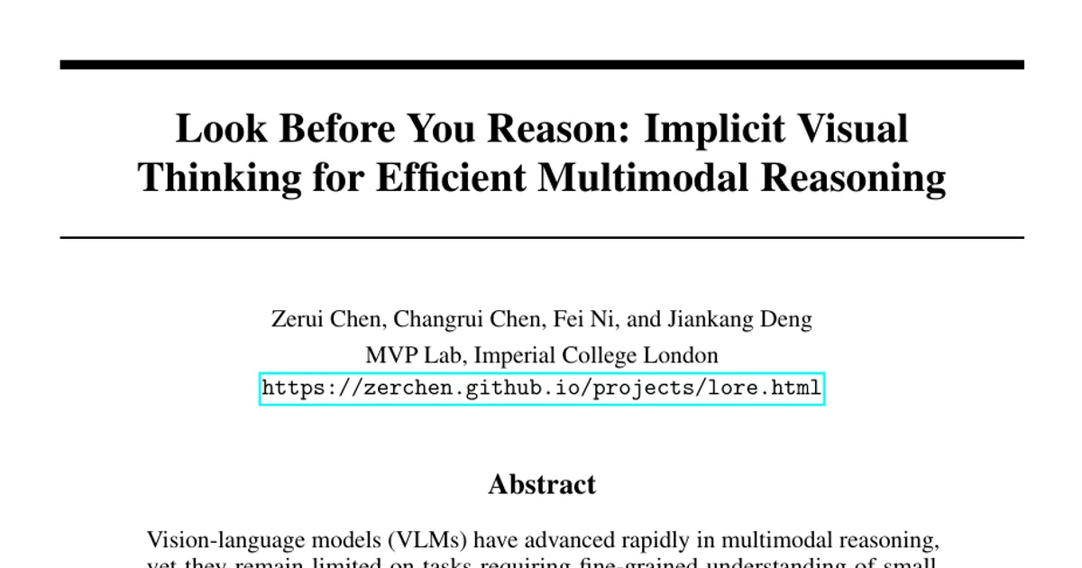 Look Before You Reason: Implicit Visual Thinking for Efficient Multimodal Reasoning