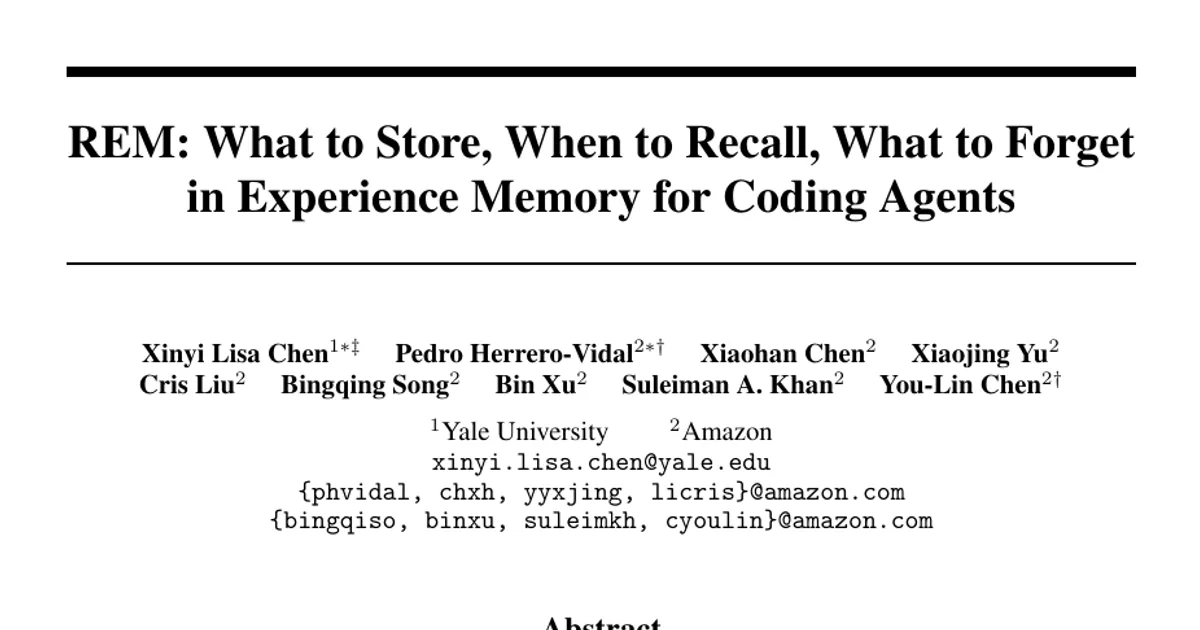 REM: What to Store, When to Recall, What to Forget in Experience Memory for Coding Agents