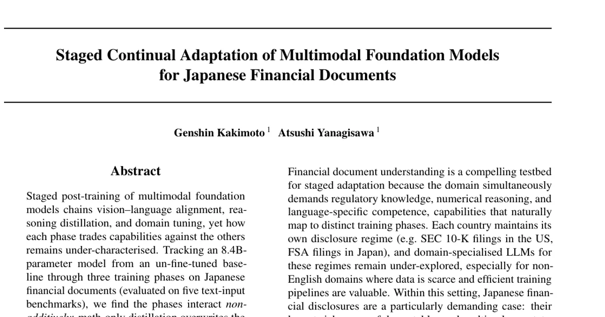 Staged Continual Adaptation of Multimodal Foundation Models for Japanese Financial Documents