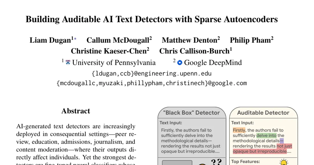 Building Auditable AI Text Detectors with Sparse Autoencoders