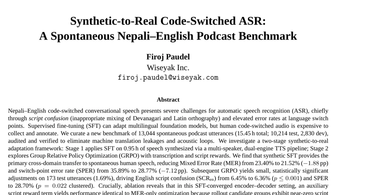 Synthetic-to-Real Code-Switched ASR: A Spontaneous Nepali-English Podcast Benchmark